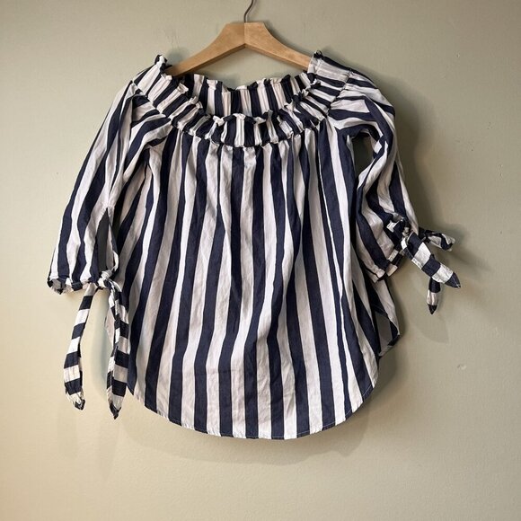 Striped Off-Shoulder Blouse Womens Size 6 With‎ Tie Sleeves - Picture 1 of 2